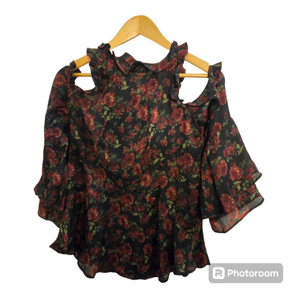 IRO Jeans ELOANE Cut Out Shoulder Floral Long Sleeve 100% Silk Blouse sz…